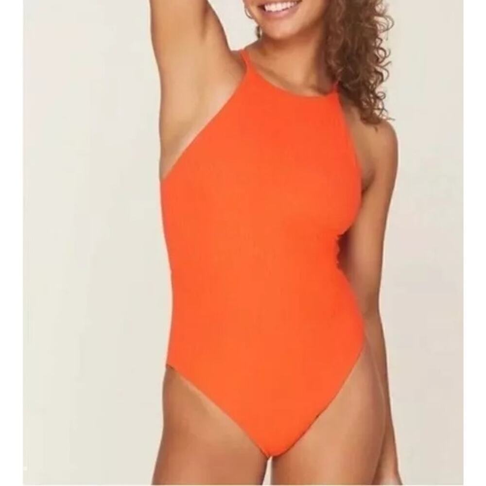 Andie Swim Asbury Rib High Neck One Piece Swimsuit Sire Orange NWT M